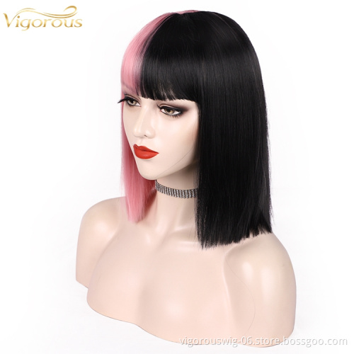 Black And Pink Girl's Colorful Hair Short Straight Wave Wigs With Bangs For Women Synthetic None Lace Bob Wig Shoulder Length
